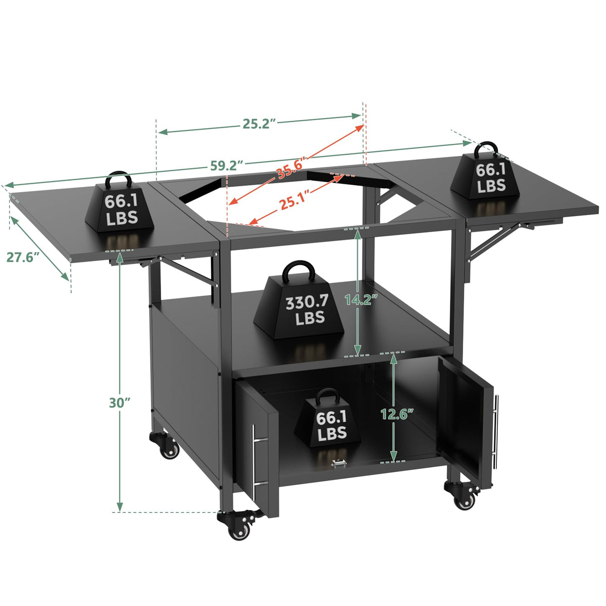 Heavy Duty Outdoor Grill Table for Dual Big Green Eggs, 304 Stainless Steel Prep Station with Storage Cabinet, 4 Swivel Wheels, Foldable Side Shelves, Fits Kamado Joe 18" & Ceramic Grills, M