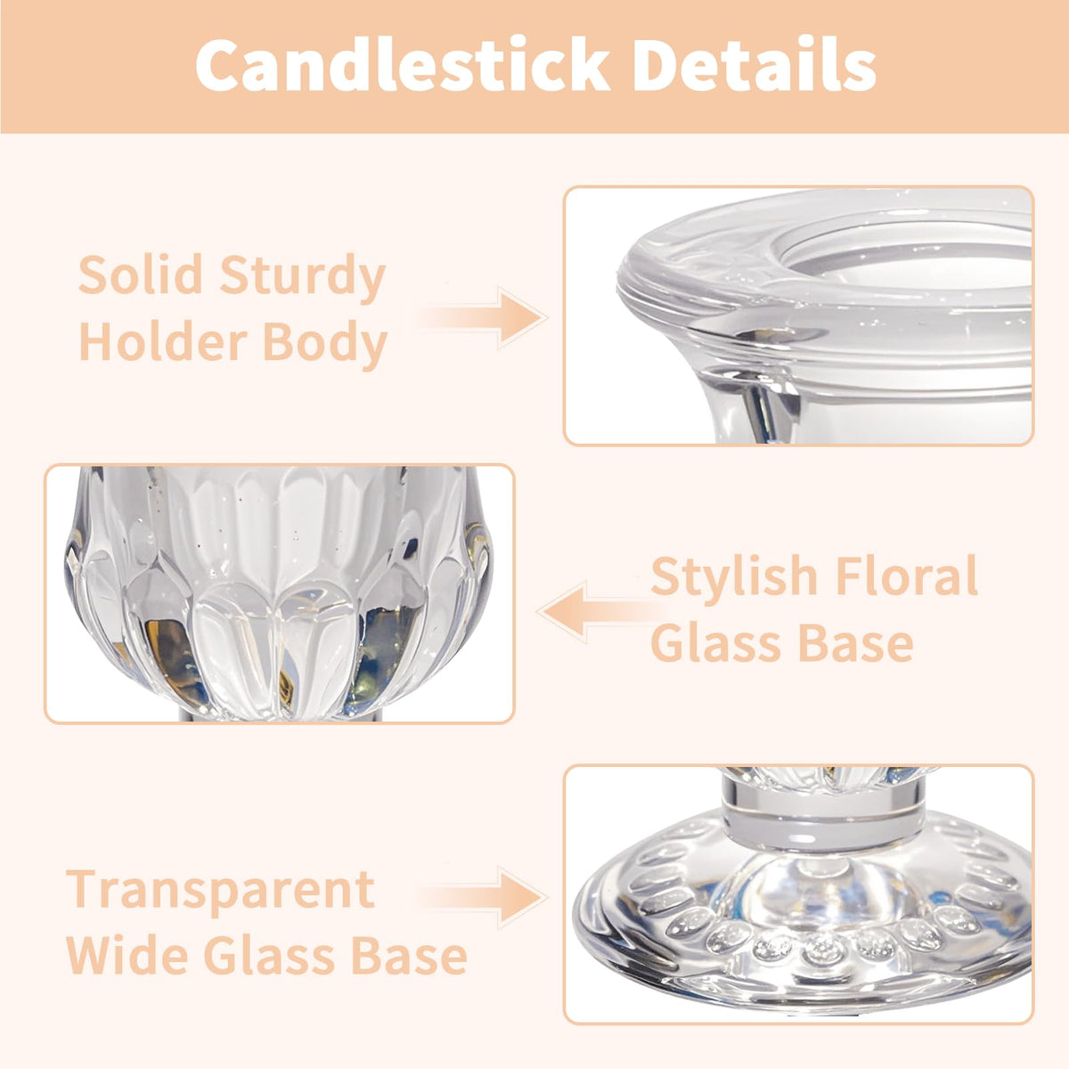 CHILL RECIPE Hurricane Glass Candle Holders-Set of 6 Tall Taper Candle Holder with 12” Tall Clear Cylinder Covers for Wedding Table Centerpiece Home Decor (Floral Base+Clear Chimney)