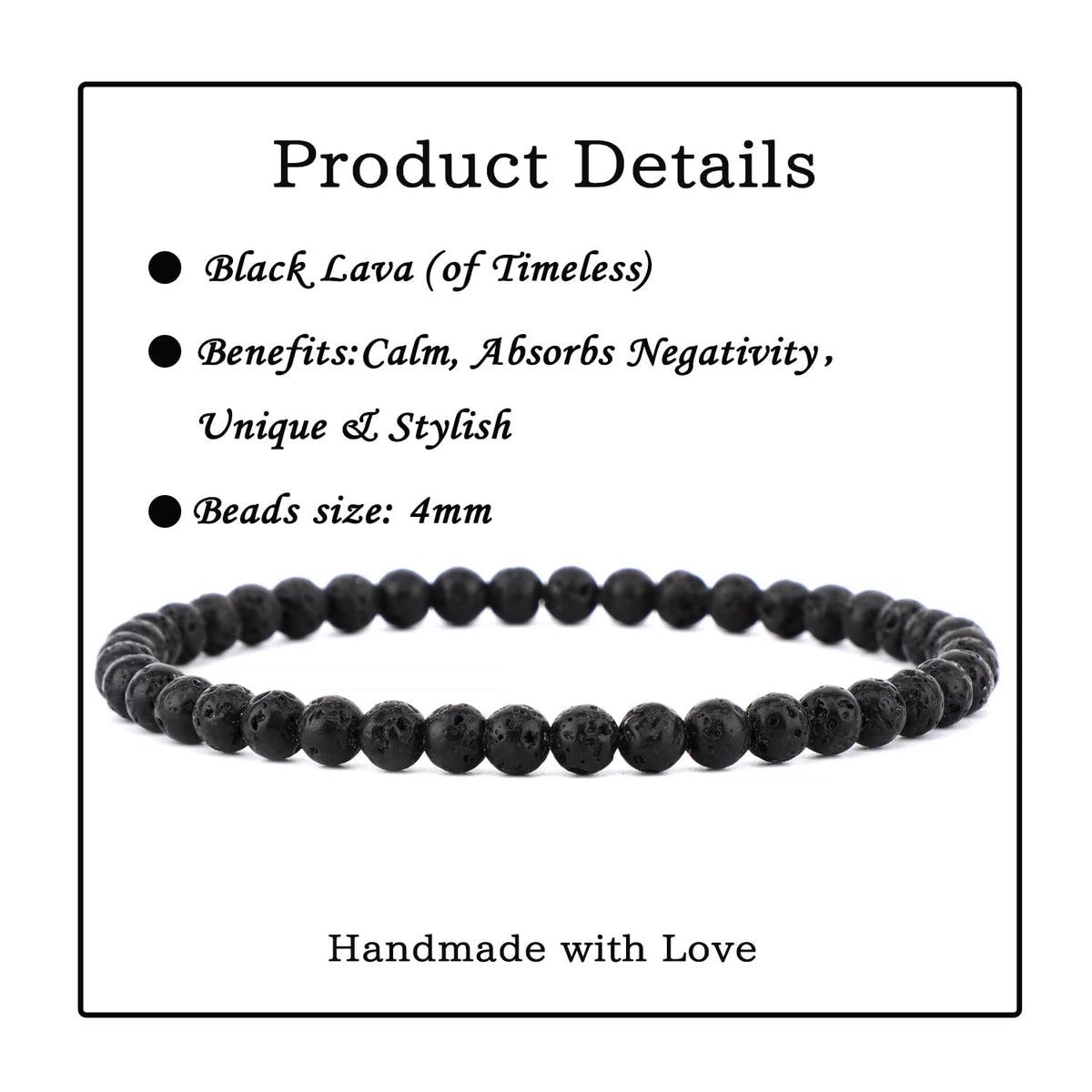 Bymitel 4mm Black Lava - Handmade Reiki Gemstone Stretch Bracelet, Natural Beauty & Spiritual Essence, Crystal Healing for Unisex Adults