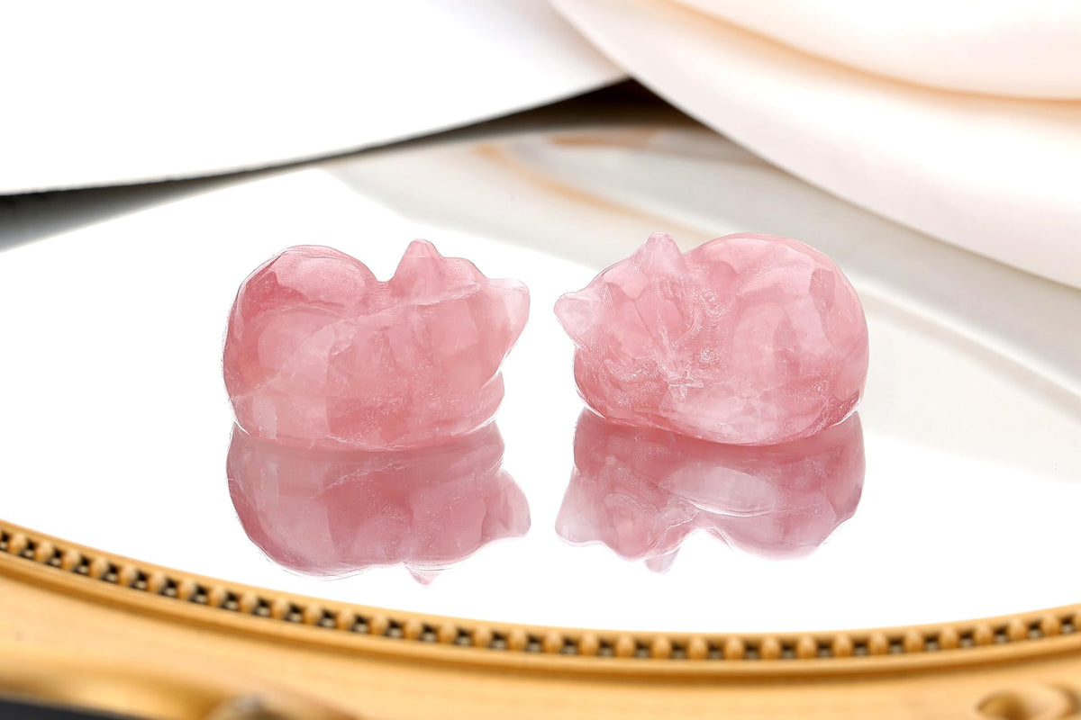 QINJIEJIE Rose Quartz Cat Decor Pink Gift Crystals Sleeping Cat Statue Stone Figurine Polished Gemstones Decors Office Room Home Desk Healing Valentines Decors for Women Cats Decor