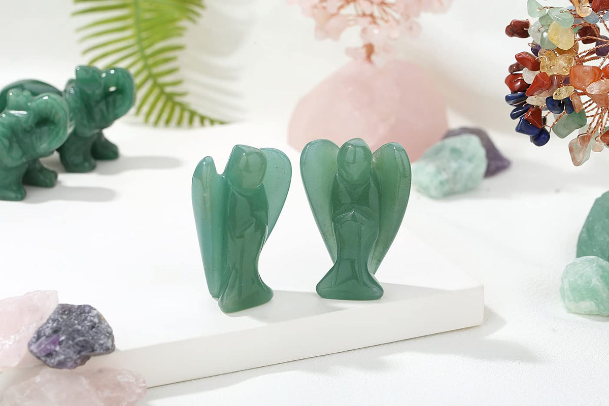 YATOJUZI 2" Green Aventurine Angel Decor Healing Crystals Polished Natural Stone Sculpture Statue Hand Carved Cute Figurines Energy Reiki Home Room Office Desk Decoration Guardian Gifts for Women Men