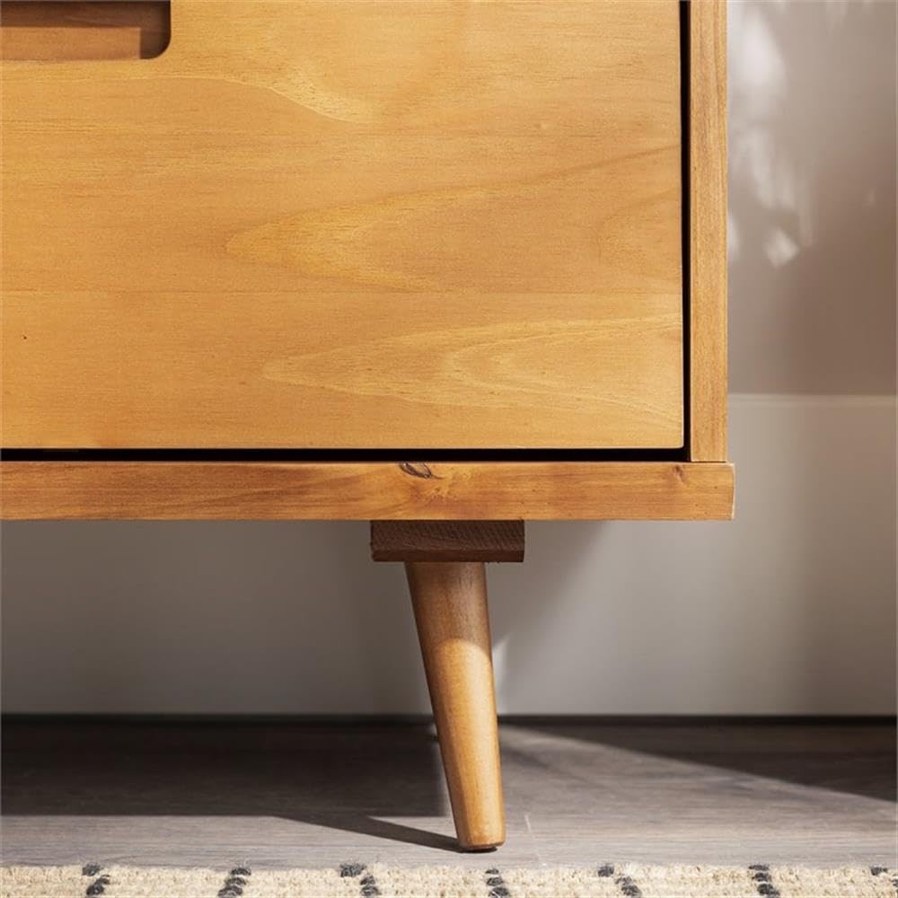 Walker Edison Millie Mid Century Modern 3 Drawer Solid Wood Low TV Stand for TVs up to 80 Inches 70 Inch Caramel