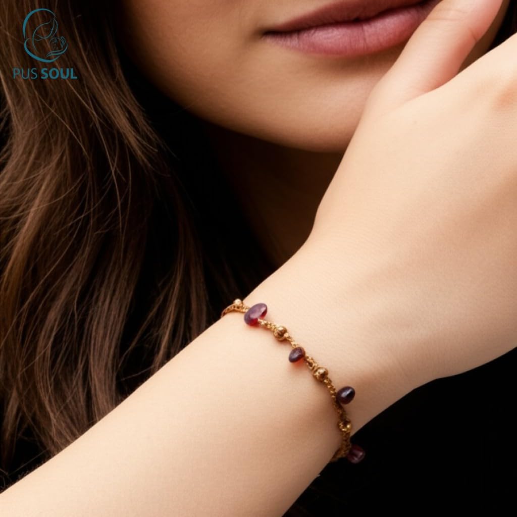 PusSoul Handmade Garnet Small Crystal Bracelet (6.5-7.5'') - Adjustable & Plus Size, Natural Healing Crystal Chips, Waterproof, Chakra Beaded - Unusual Jewelry for Women, Girl & Friendship from