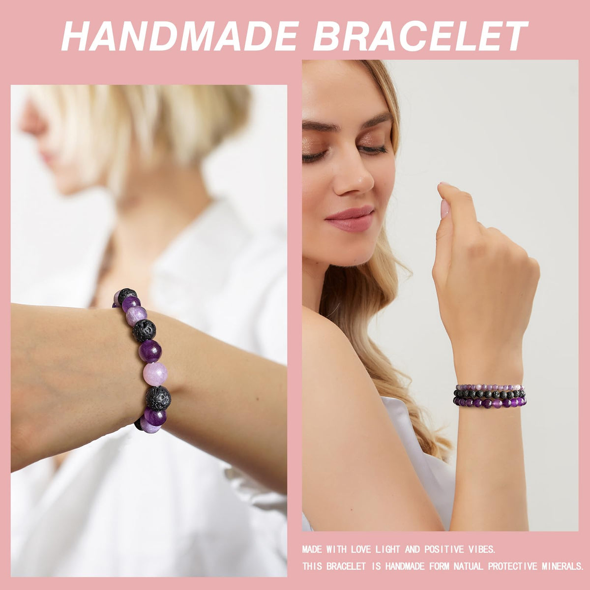 Vinswet 4pcs Natural Stone Beaded Bracelets for Women Men,Healing Crystal Gemstones Stretch purple Bracelet,4mm 6mm 8mm 10mm Amethyst Lava Rock Lepidolite Anxiety Stress Relief Bracelet Jewelry Gifts
