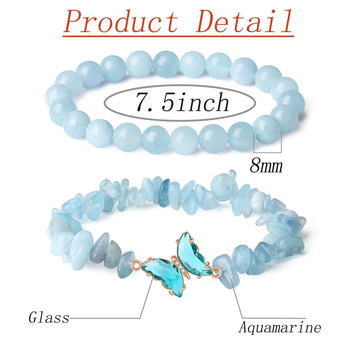 DUQGUHO 2PCS Aquamarine Bracelets Blue Bracelet for Women Natural Aquamarine Crystals Jewelry 8mm Butterfly Bracelet Gifts for Women