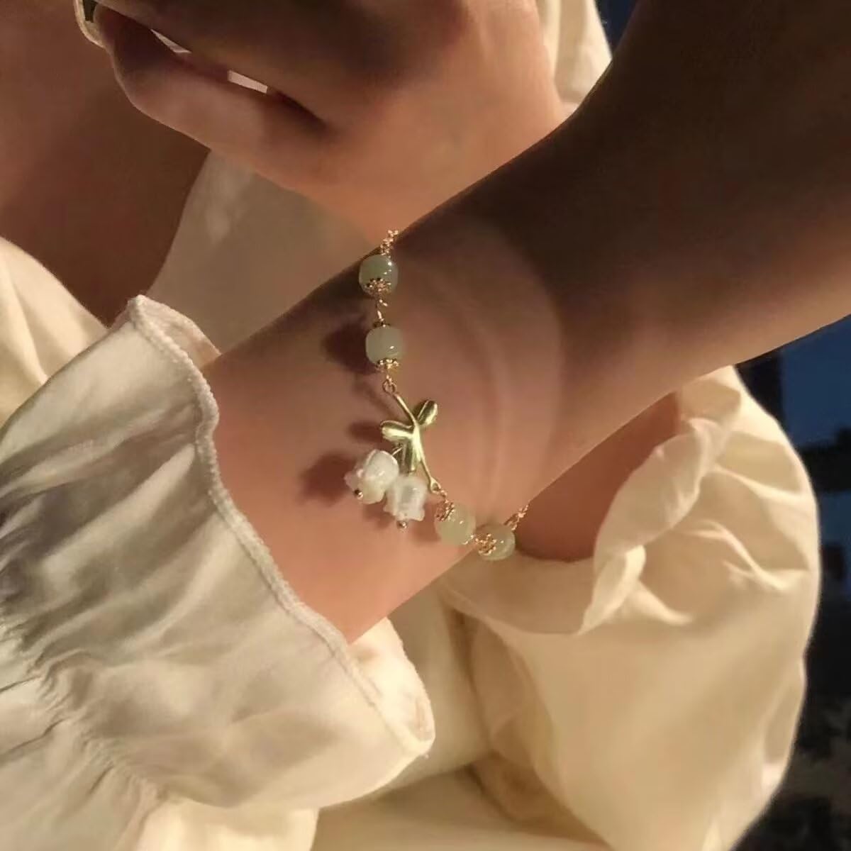 14k Gold Cute Lily of The Valley Bracelet Flower Jade Pendant Necklace Bracelet Adjustable Orchid Bracelet Jade Beads Stretchable Gemstone Necklace Jade Bracelet（Bracelet）