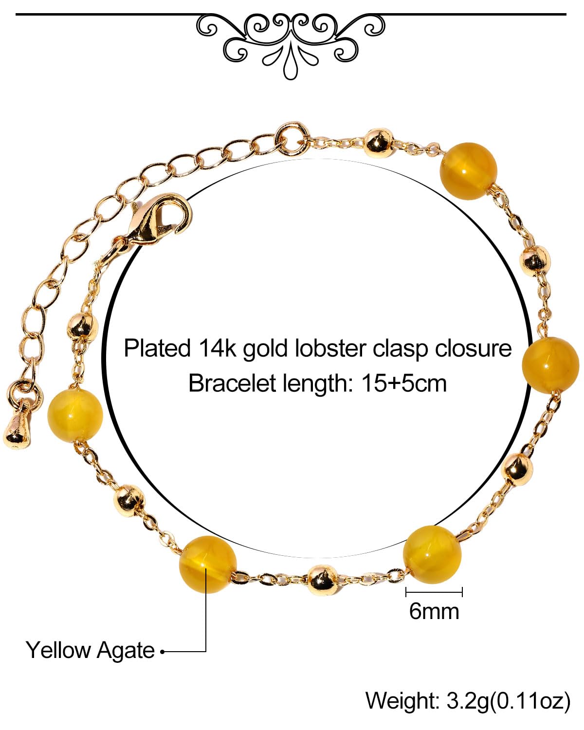 Xfoxstal 14K Gold Plated Chain Bracelets for Women Crystals and Stones Bracelets Jewelry Adjustable (Yellow Agate)