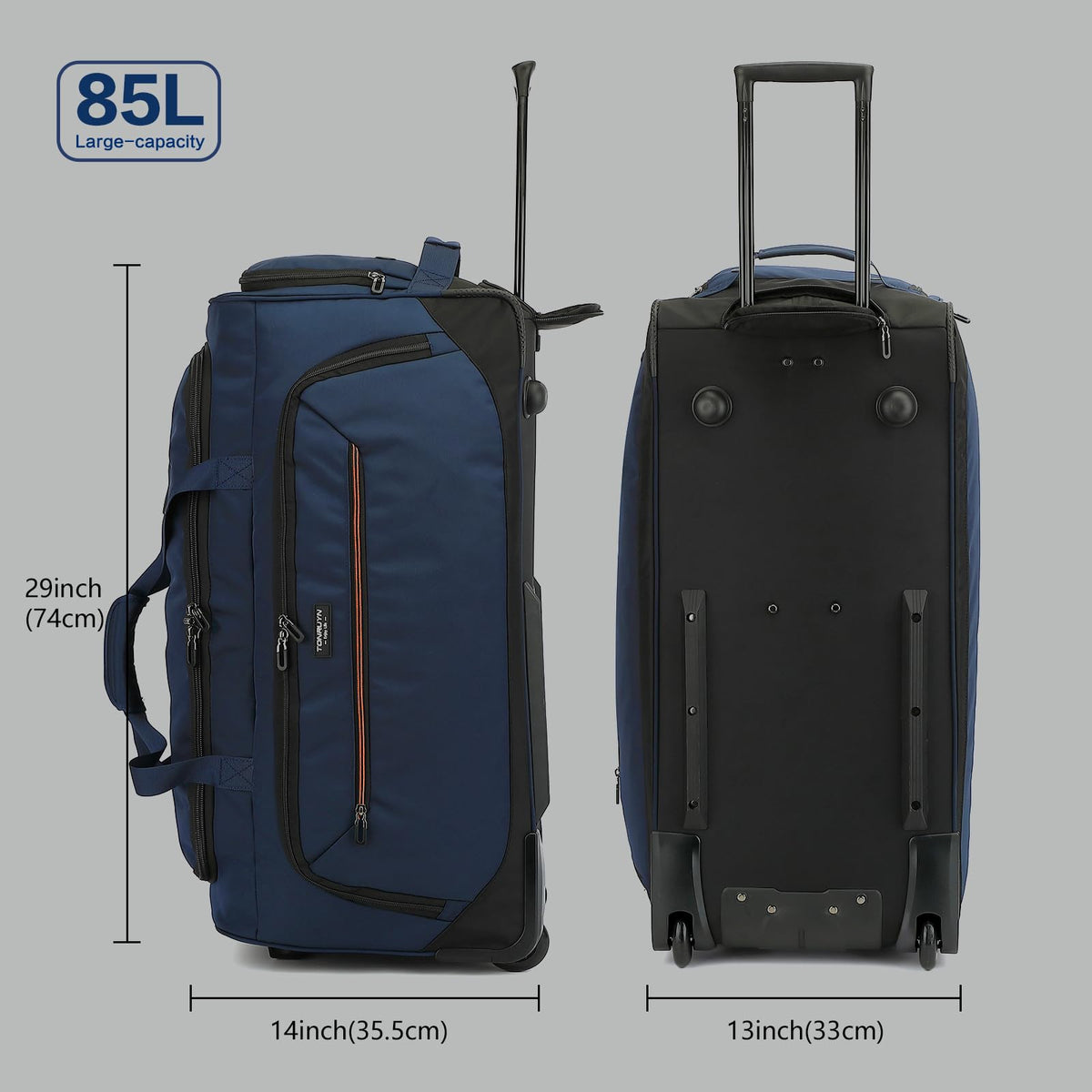 TONRUYN Large Rolling Duffle Bag with Wheels and Handle 85L 29 inch Travel Duffel Bag for Men Women with Shoe Compartment & Wet Pocket, 2 Wheeled Checked Luggage for Business Travel Long Trips, Blue