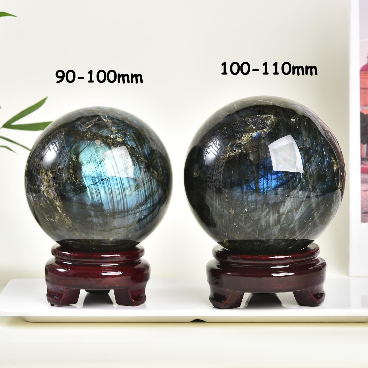 MOGEMT Large Labradorite Crystal Ball with Stand Natural Crystals Sphere Gemstone Ball Meditation Witchcraft Home Decor 100-110mm/3.9-4.3"