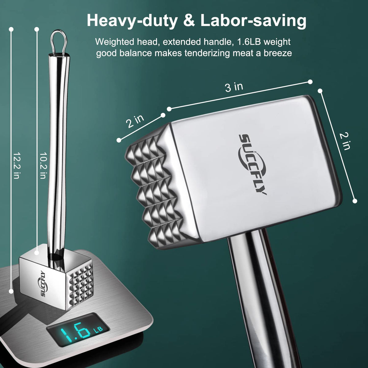 SUCCFLY Meat Tenderizer Stainless Steel, Heavy Duty Meat Hammer, Kitchen Meat Mallet 1.65LB Meat Pounder Flatterner Weighted Hammer Extended Handle for Labor-saving Chicken Steak Meat Tenderizer Tool