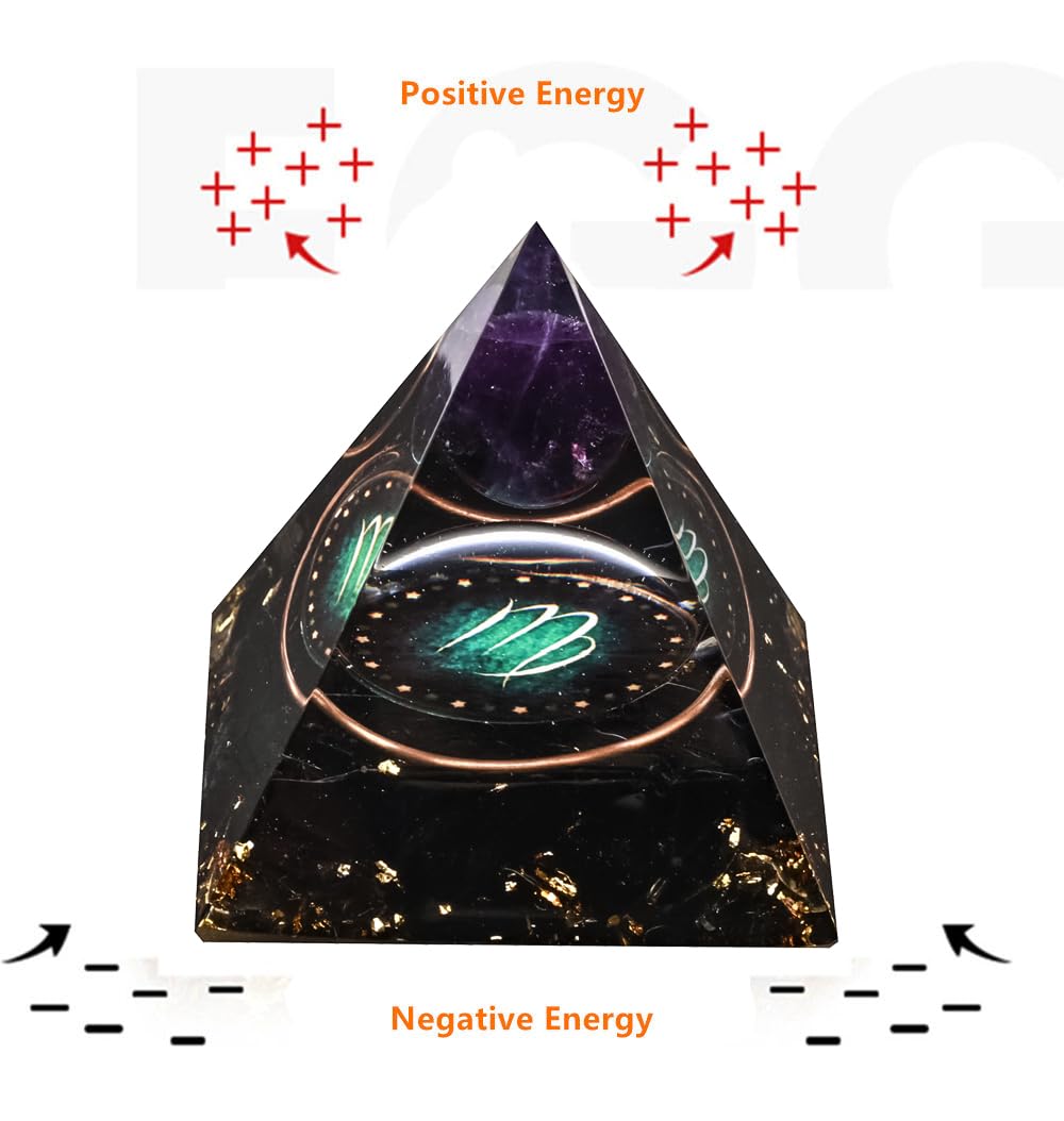 12 Zodiac Orgone Crystal Pyramid, Natural Amethyst with Obsidian,Healing Crystals Pyramid for Protection Chakra, Unique Constellation Pyramid for Positive Energy, Healing Money Health(Virgo)