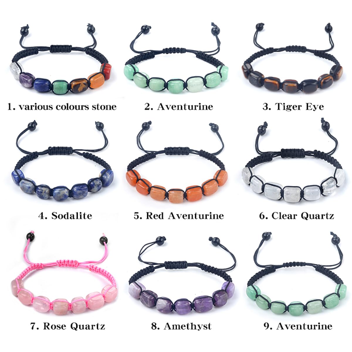 LE SKY Natural Crystal Bracelets Adjustable Hand Woven Rope Healing Chakra Gemstone Beads Bracelet for Yoga Energy Jewelry 5 Strands
