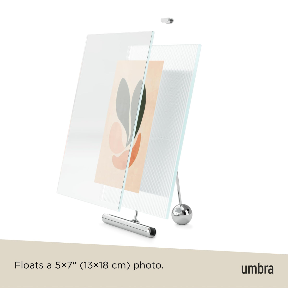 Umbra Flute 5x7 Floating Picture Frame – Modern Glass Photo Frame with Ribbed Backing and Integrated Easel, Tabletop Display for Photos or Artwork – Chrome