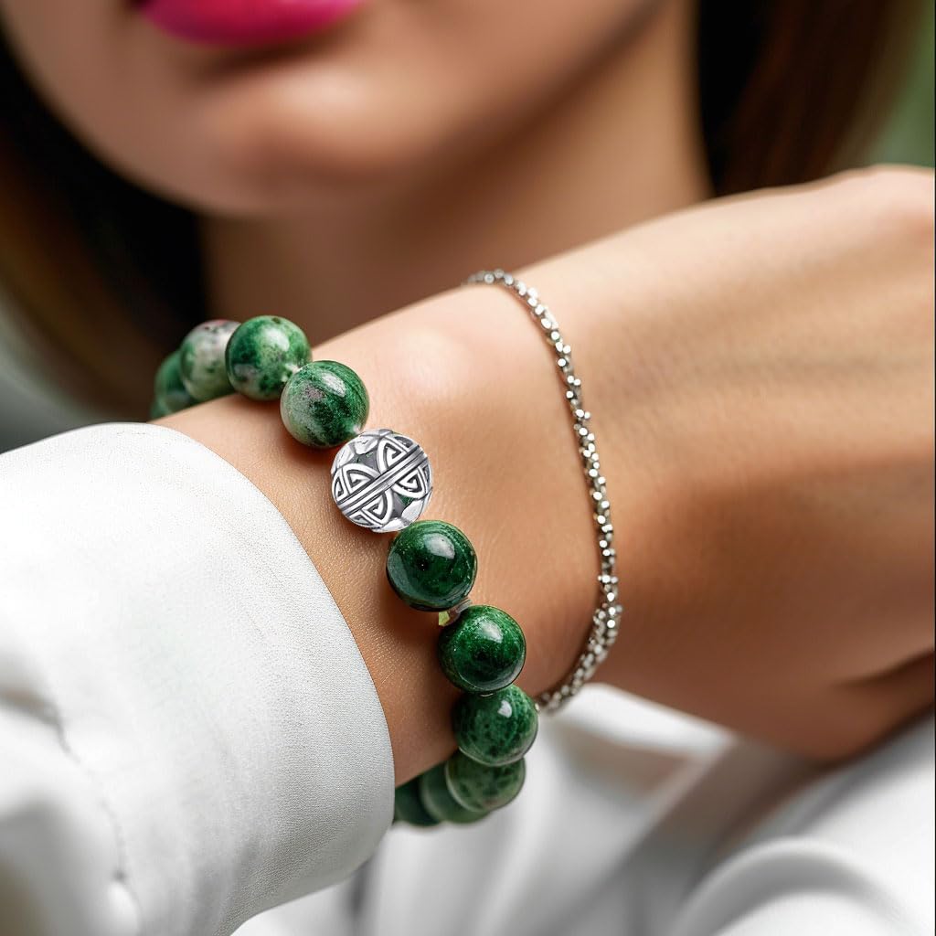 MetJakt Healing Crystals Beaded Bracelets for Womens Natural Gemstone 8mm Beads Stretch Bracelets with 925 Sterling Silver Double Happiness Pendant (Ruby Zoisite)