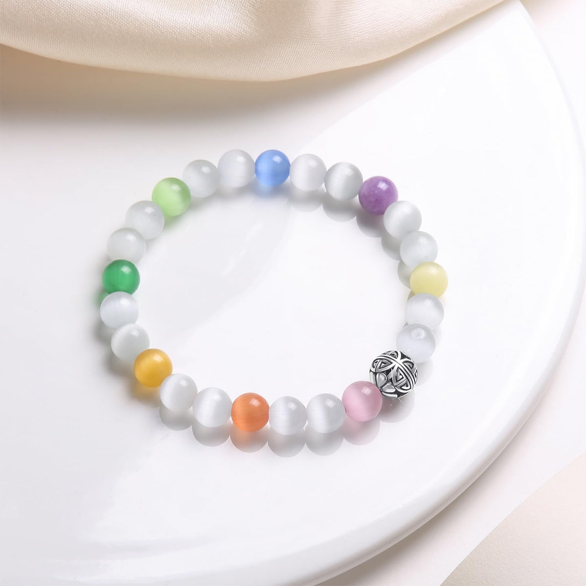 MetJakt Healing Crystals Beaded Bracelets for Womens Natural Gemstone 8mm Beads Stretch Bracelets with 925 Sterling Silver Double Happiness Pendant (Multicolored Cat's Eye Stone)