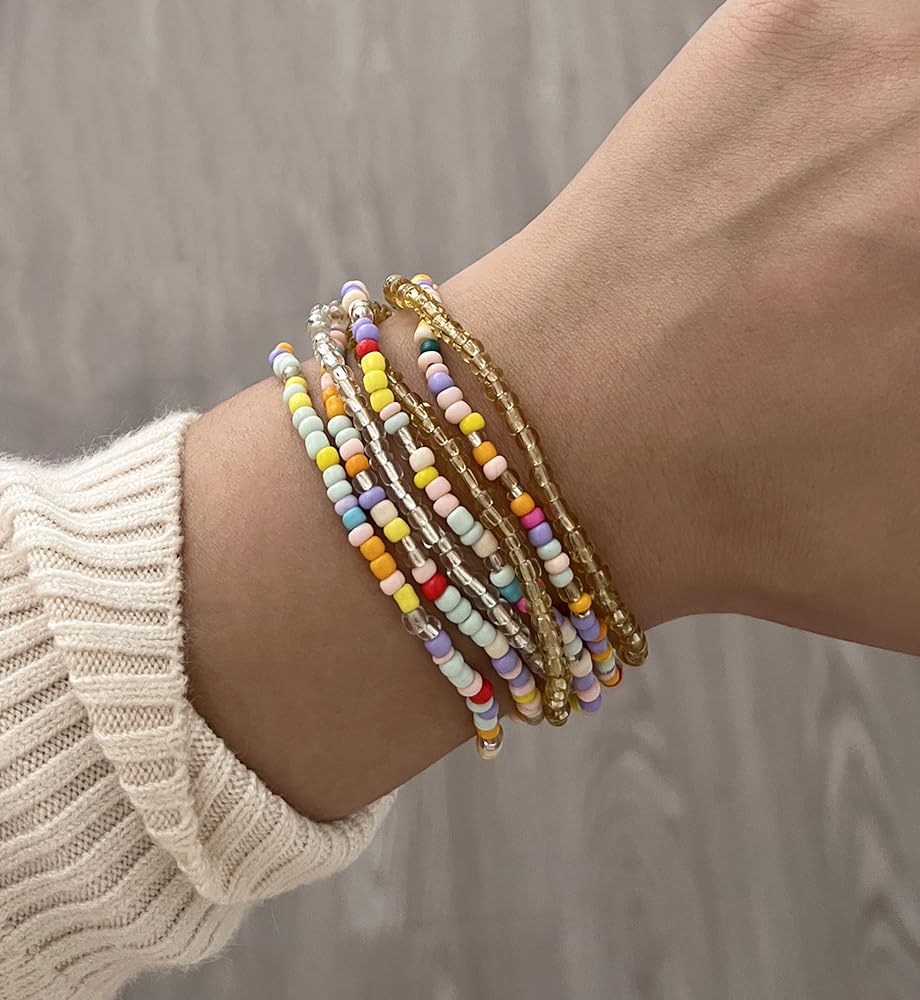 iF YOU Small Colorful Beaded Bracelets Set for Women Trendy, Boho Glass Seed Bead Stretch Bracelet Stack, Non Tarnish Stackable Bracelets Pack Fashion Accessories Gifts