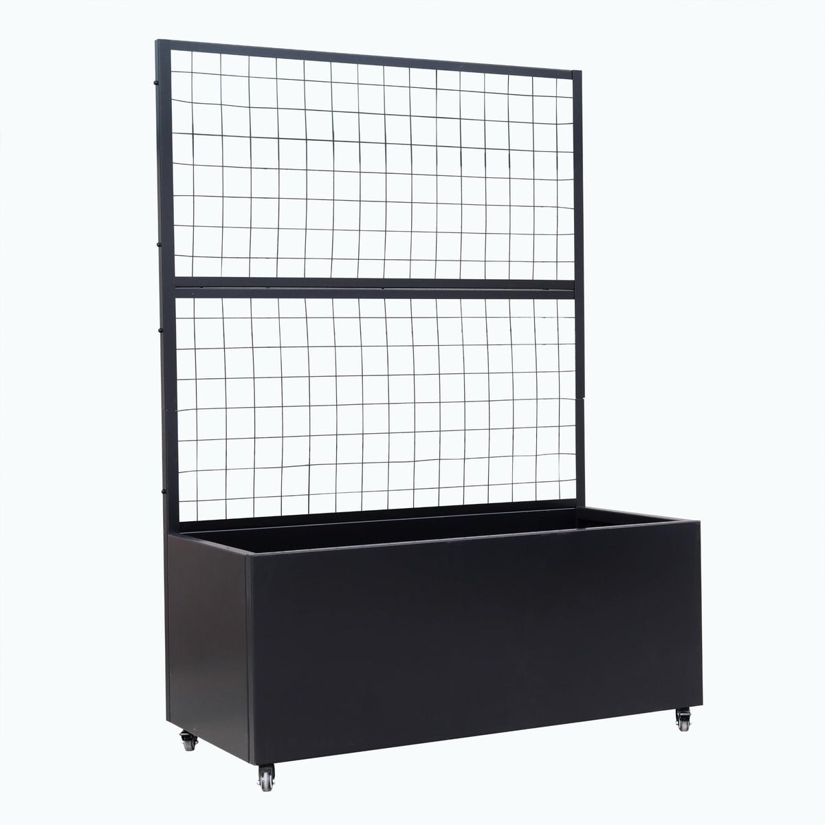 Metal Rolling Planter Box with Lattice Trellis – Modern COR-Ten Steel Trough on Casters | 66” x 46” x 21” (Black)