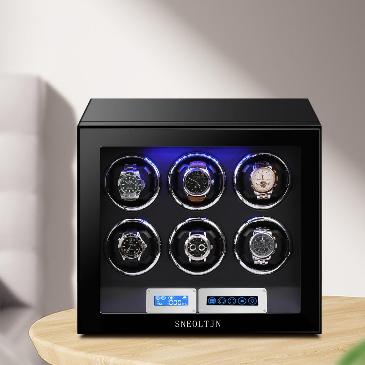 SNEOLTJN Watch Winder for 6 Slots Automatic Watches, Ultra-Quiet Japanese Motors, Built-in LED Illumination and LCD Touchscreen Control