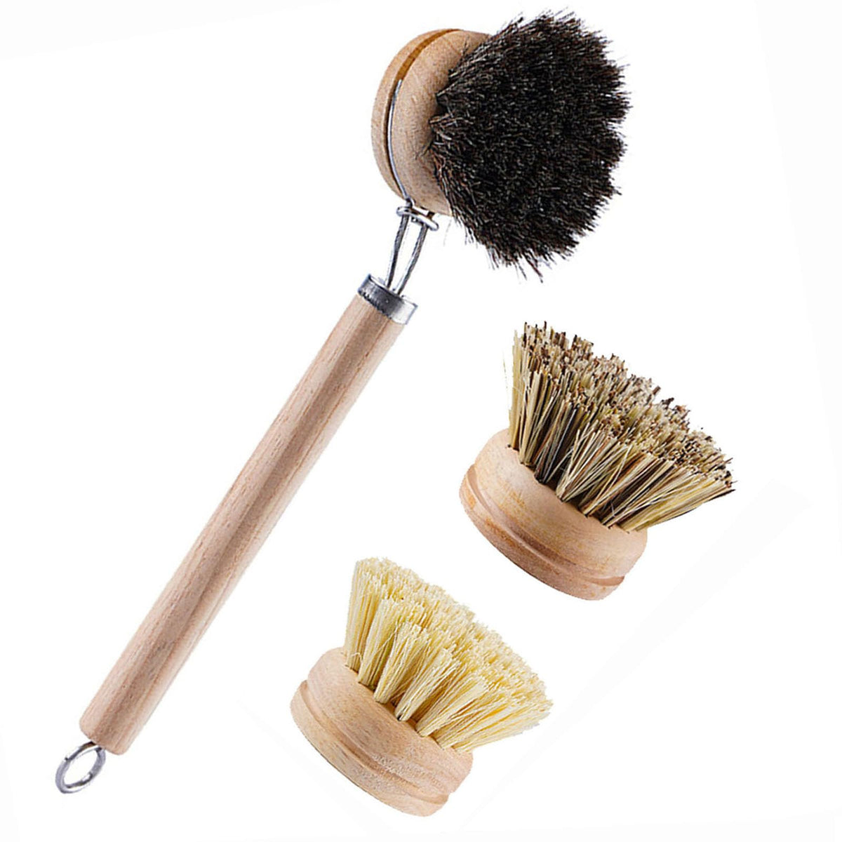 SUPRNN Bamboo Dish Brush with Handle, 1 Sturdy Wooden Handle with 3 Natural Bristle Heads, Horsehair, Sisal, Palm - All Purpose Kitchen Scrubber, Bamboo Wok Brush, Fruit and Veggie Scrubber