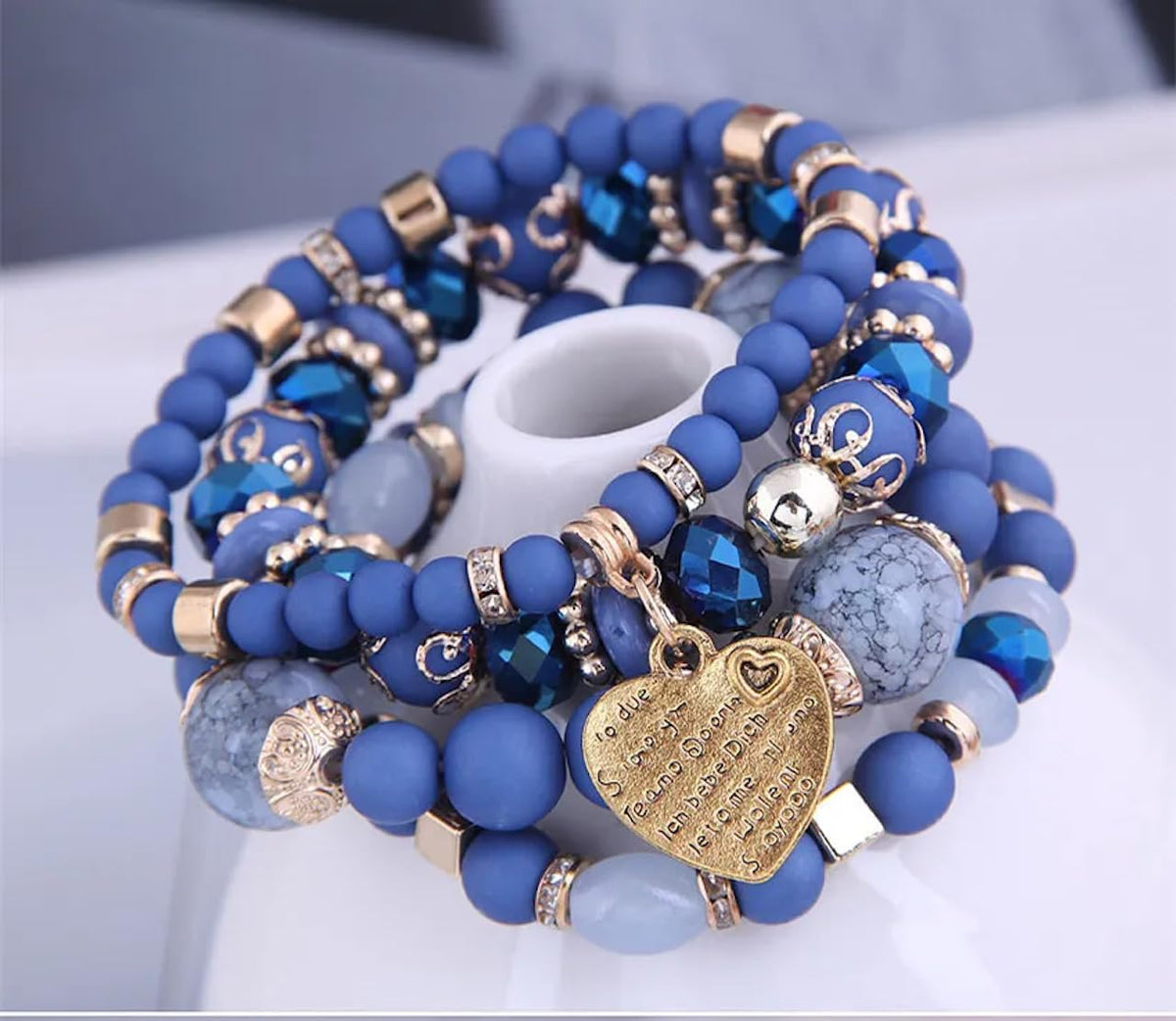 Jewellify Women Beaded Bracelet Set - Colorful Boho Stackable Bangle Bracelet with Crystal Accents - Trendy Fashion Stretch Charm Bracelets Jewelry for Women (Blue)