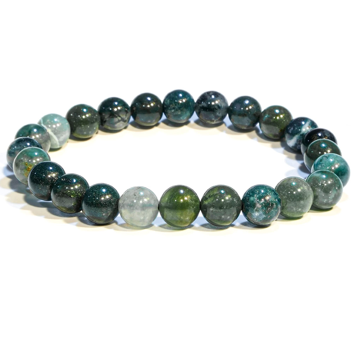 ANAYA AGATE Moss Agate Bracelet, Healing Crystal Bracelet for Women and Men, 8mm Round Beaded Bracelet for Spiritual Healing, Protection, Positive Energy, Elastic Adjustable Size Gemstone Bead Bracelet