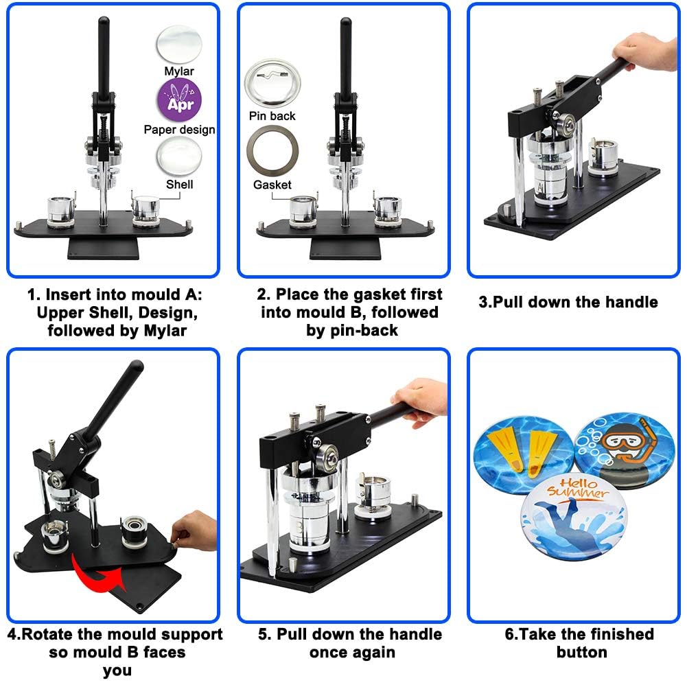 ChiButtons (KIT) 100mm(4“) Pro Badge Machine Button Maker-B400 + Mould + 100 Parts + Circle Cutter Metric System (Blue)