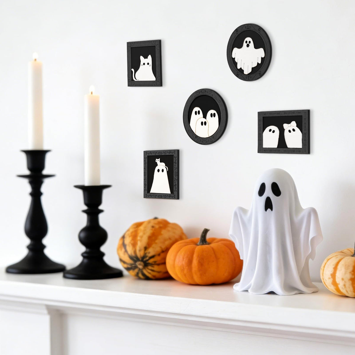 JarThenaAMCS 15 Set Halloween Wood DIY Frames Decorating Craft Unfinished Black Cat Ghost Wooden Gift Ornament Painting Set with White Black Paint and Brush for Art Party Supplies, Not Include Glue