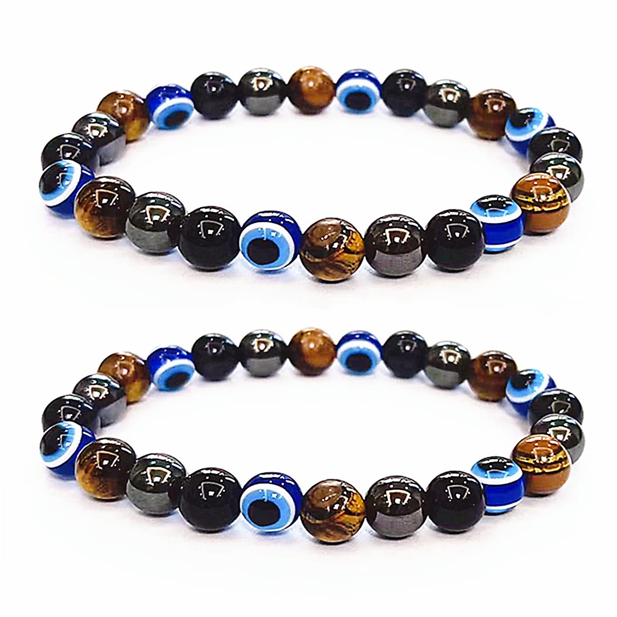 WEFRIN Evil Eye with Hematite Black Obsidian Tiger Eye Stone Triple Protection Bracelets for Men Women, Crystal Jewelry Stone Bracelets Bring Luck and Prosperity and Happiness 8mm Beads