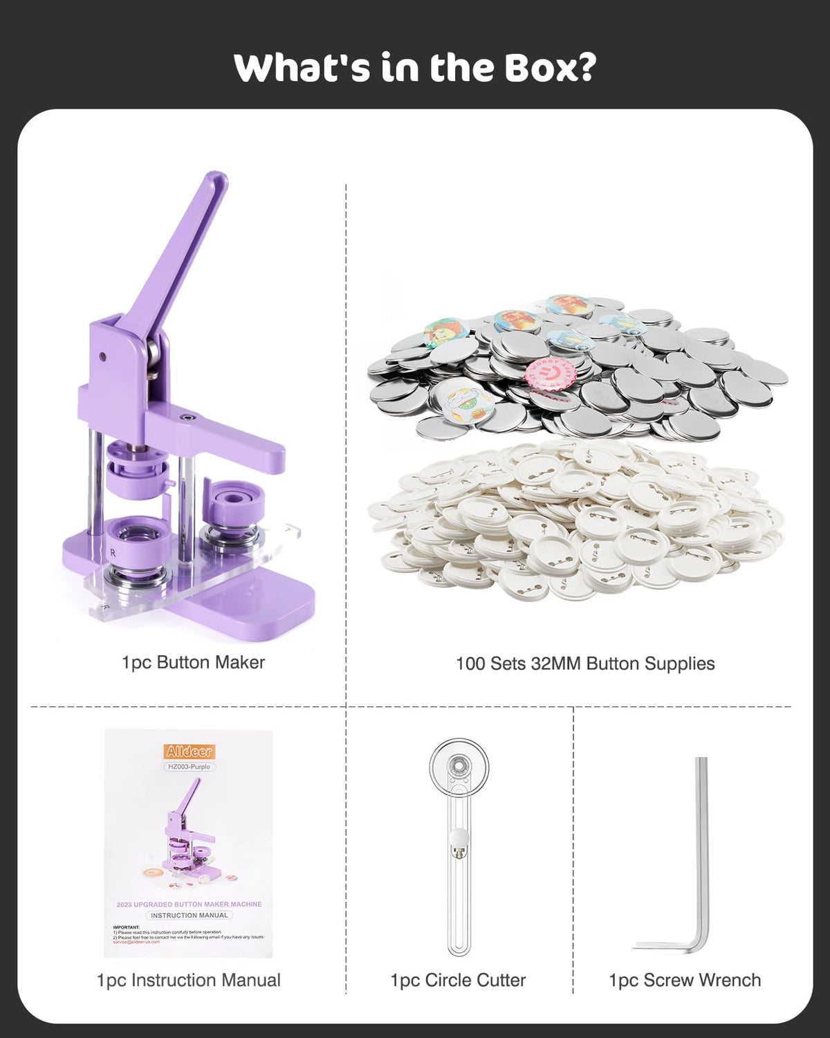 Alldeer Button-Maker-Machine Kit 32mm /1.25 inch, Button Press Machine 32mm, Easy-to-use Rotate Models, Pin Maker Kit with 100 Sets Plastic Supplies, DIY Small Badges, Starting Creative Project