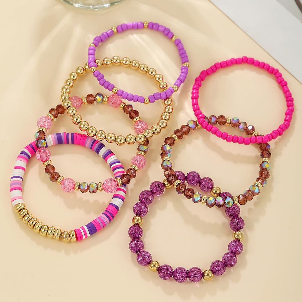 YEOSMINE Boho Heishi Clay Beaded Stretch Bracelets Stack For Women, Preppy Teens Friendship Gold Bracelets Cute Beach Surfer Accessories Bulk Set Trendy Fashion Jewelry