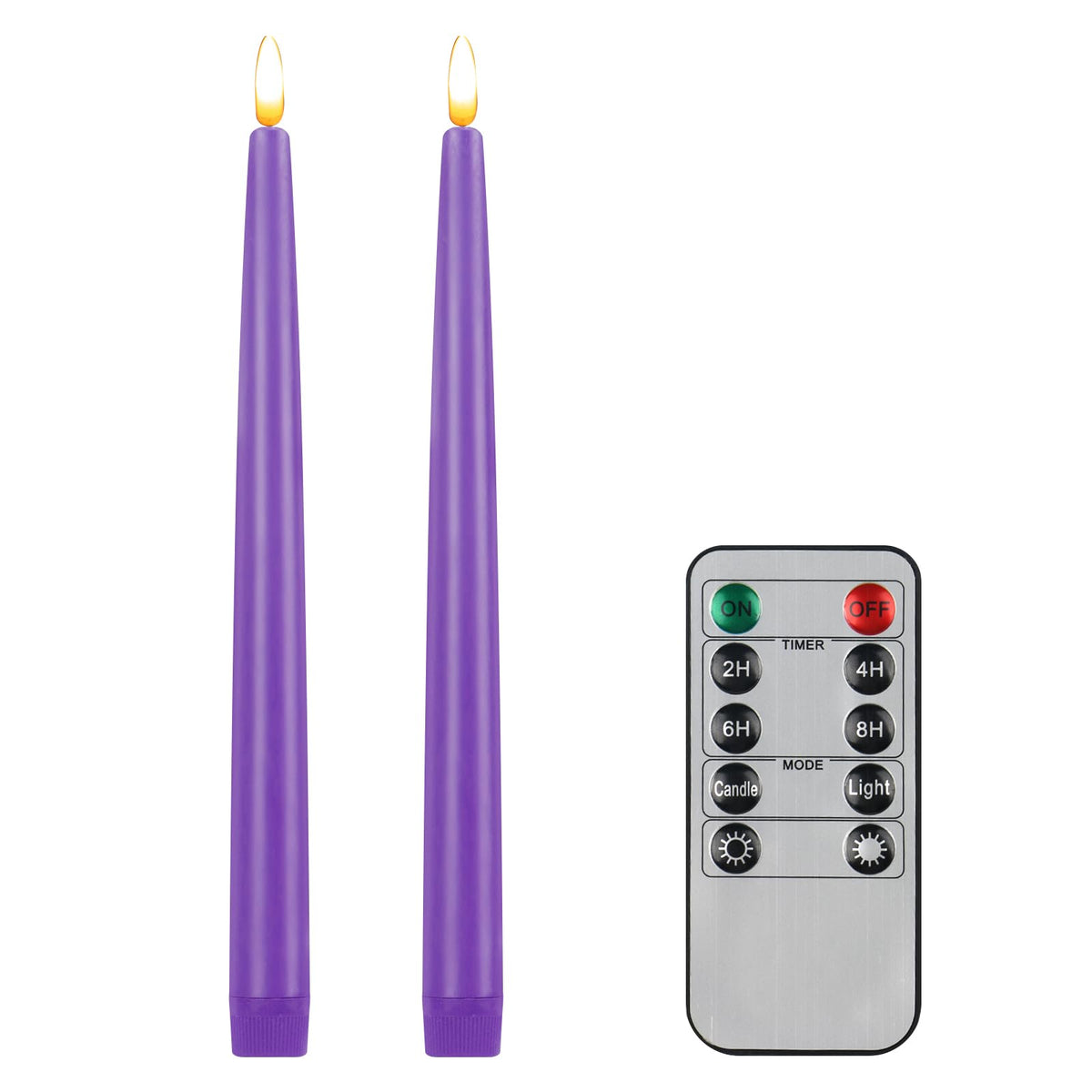 CVHOMEDECO. Flameless Taper Candles with 10-Key Remote, Battery Operated Led Flickering 3D Wick Window Candles Real Wax Finished Home Christmas Party Decor 0.78 x 11 Inch, Pack of 2, Purple