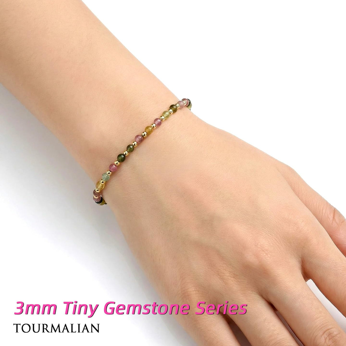 Morchic 3mm Multi-Color Tourmaline Natural Gemstone Beaded Bracelet for Women, Dainty Charm Jewelry, Adjustable 7.1-8.6", Ideal Birthday Holiday Gift
