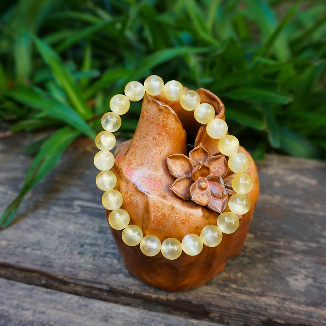 Natural Selenite Crystal Bracelet 8mm | Yellow Plated | Authentic Stone with Leather Pouch, Gift Box & Repair Kit | Fits about 7 inch Wrist