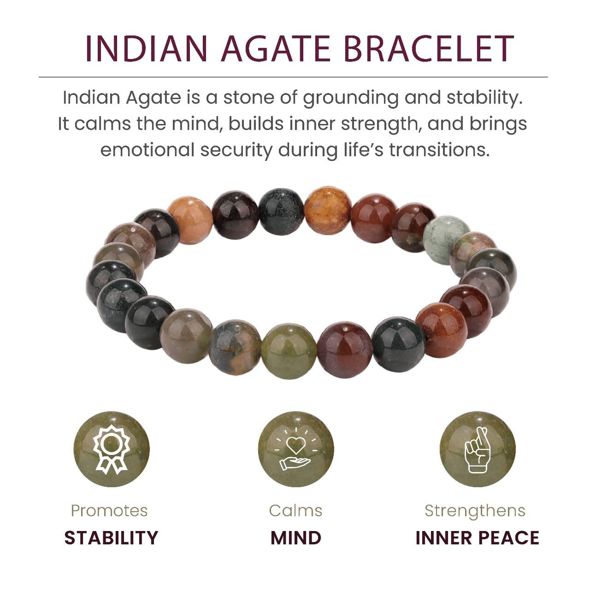 Crystal Vibe Stability Bracelet – Indian Agate Bracelet for Strength, Calm & Balance – Natural 8mm Gemstone Beads Bracelet for Men Women