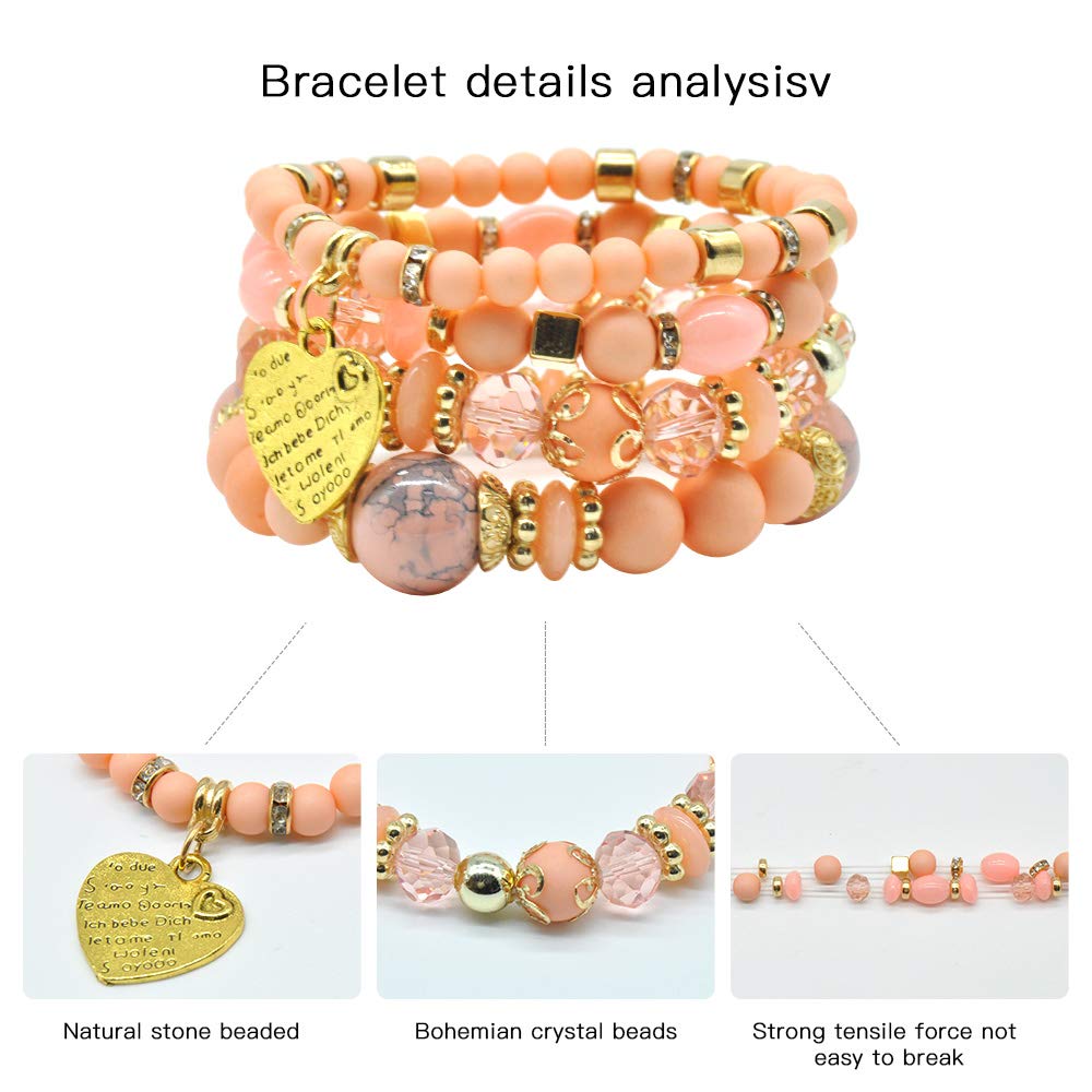 VONRU Bohemian Bracelet Sets for Women - 6 Sets Stackable Stretch Bracelets Multi-color Boho Jewelry for Women Hippie Bracelets Dainty Jewelry Best Friend Gift (Stackable bracelets with heart charm)
