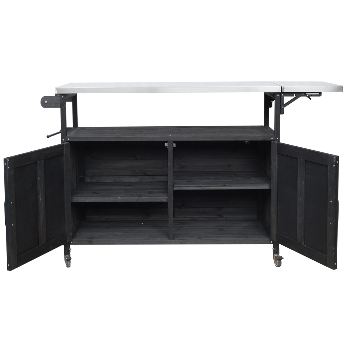 Outdoor Kitchen Island Cart with Foldable Stainless Steel Top, Rolling Grill Table with Adjustable Shelf Storage Spice Rack and Towel Holder, Wooden BBQ Prep Station with Lockable Wheels, Black