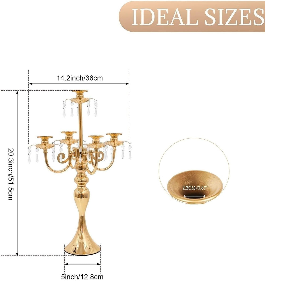 5 Arm Black Candelabra Centerpiece for Table, 20.3” Tall Metal Candlestick Candle Holder for Taper Candles, Gothic centerpieces for Tables, Wedding, Party, Reception (Gold, 2pcs)