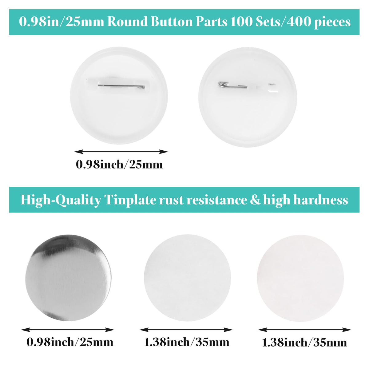 YAYODS 400 Pieces Button Maker Supplies 25mm/0.98 inch Round Badge Button Parts for Button Maker Machine, Includes Blank Pin Back Cover, Metal Cover, Clear Film, Blank Paper