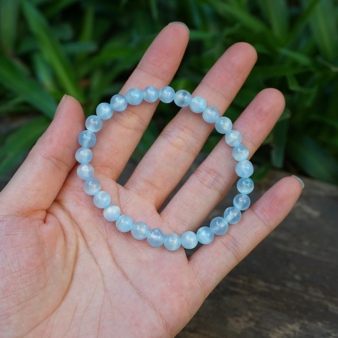 Natural Selenite Bracelet 6mm | Aqua Blue | Crown Chakra Crystal with Cat-eye Effect | Handmade Meditation Healing Bracelet for Women Men | Beading Tool Kit - Fits for 6-7 inch Wrist Size