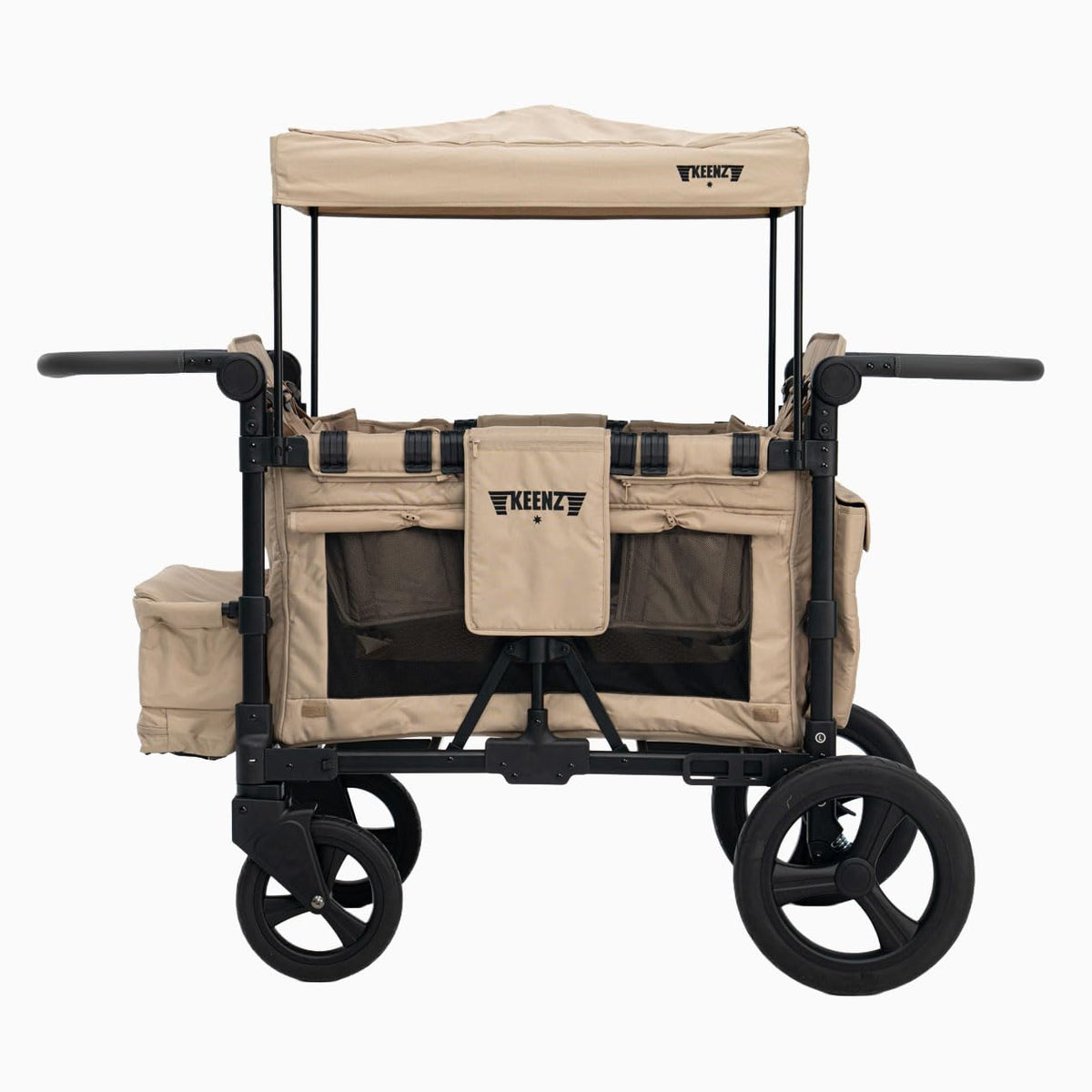 Keenz MOOV 4-Passenger All-Terrain Stroller Wagon with Reclining Seats, Built-in Cooler, Push/Pull Handle, Rubber Wheels, and Activity Tray – Foldable Wagon for Four Kids, Mocha