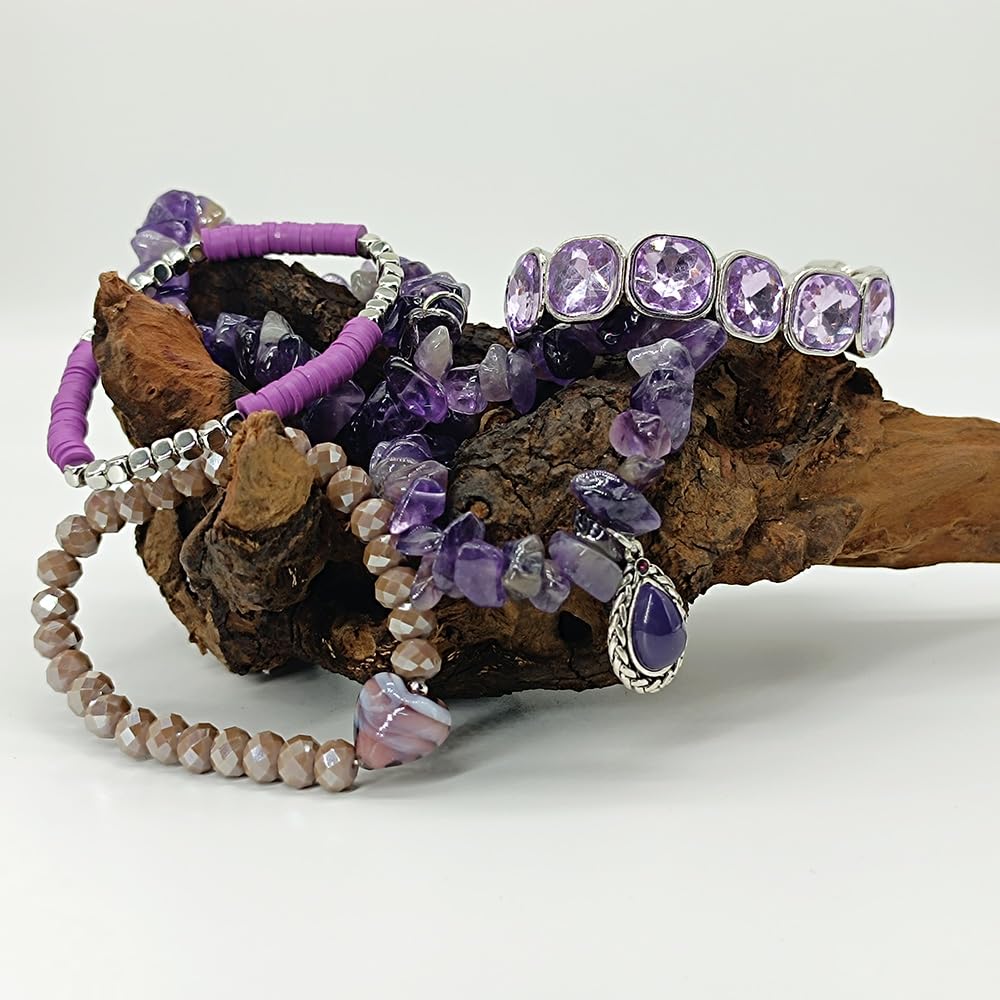 Yomisa Boho Beaded Bracelets for Women,Multilayer Wrap 5PCS Healing Natural Amethyst Stone Bead Bracelets Handmade Stackable Friendship Stretchy Beaded Bracelet Set Trendy Bohemian Jewelry Gift Women