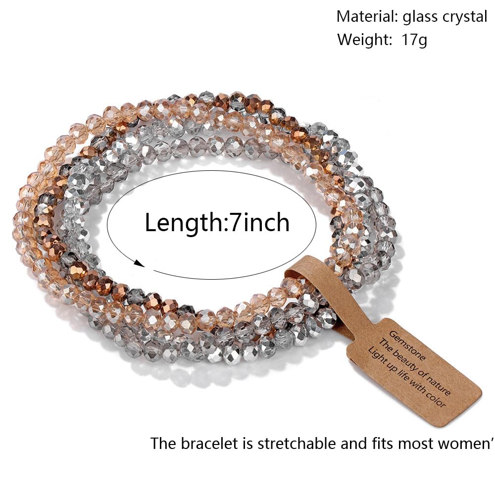 Lubrifico Boho Crystal Bracelet Set of 4pcs/set,4mm Beads Stackable Layering Stretch Bracelets for Women, Friendship Gifts（grey