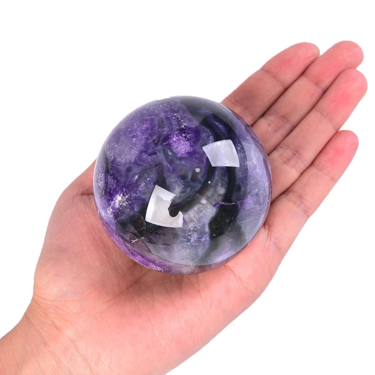 JIC Gem Purple Moss Agate Crystal Sphere Large Purple Crystal Ball with Stand Healing Ornament Witchcraft Meditation Decor 2.3-2.7 inch(60-70mm)