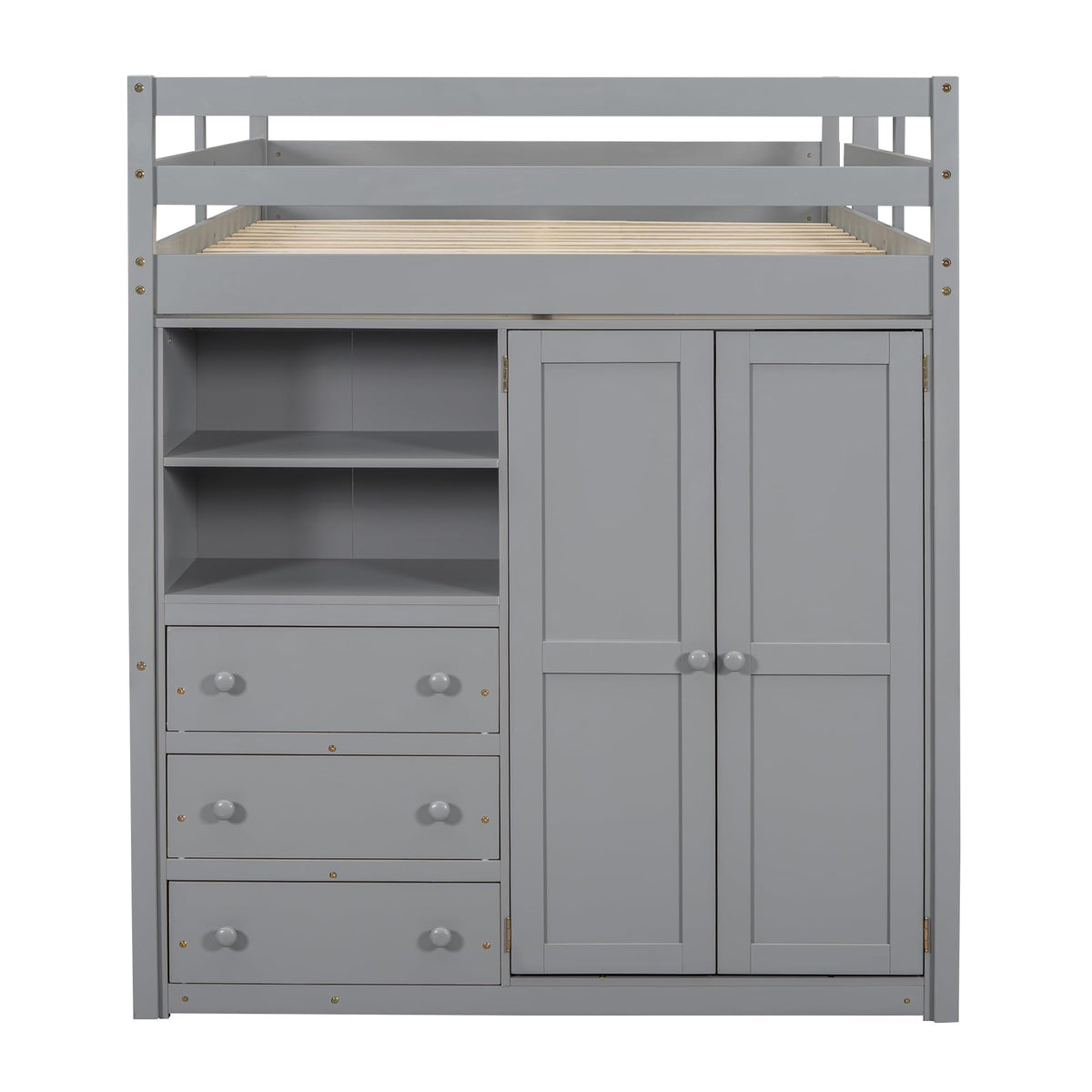 Full Size Loft Bed Frame with Built-in Wardrobe, Desk, Storage Shelves and Drawers, Wood Slat Support