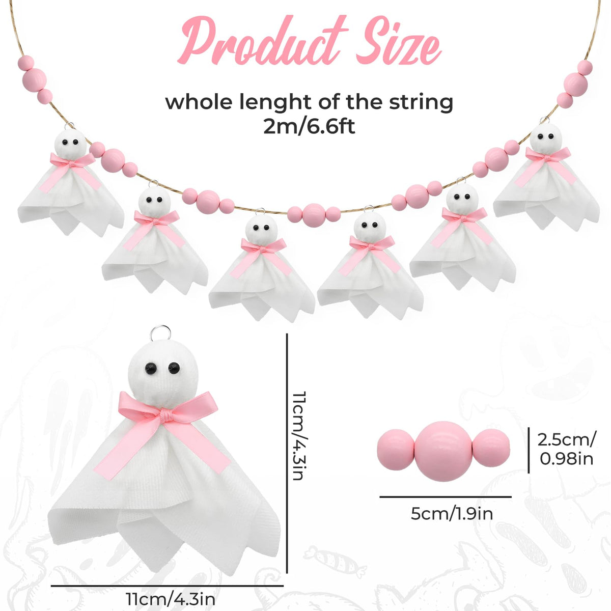 Craflox Pink Halloween Garland Ghost Decor, Pastel Girly Halloween Party Garland for Mantle, 6.6Ft Cute Spooky Pink Wooden Beads Decorations for Home Indoor, Handmade Banner