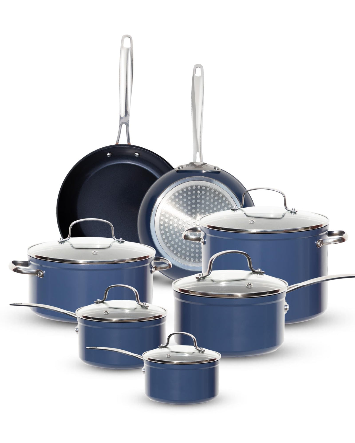 Nuwave Healthy G11-Pots and Pans Set Non Stick, 9H Near-Diamond Hardness Scratch-Resistant, Works on All Stovetops, PFAS Free, with Frying Pans, Saucepans & Glass Lids, Stay-Cool Handles, Deep Blue