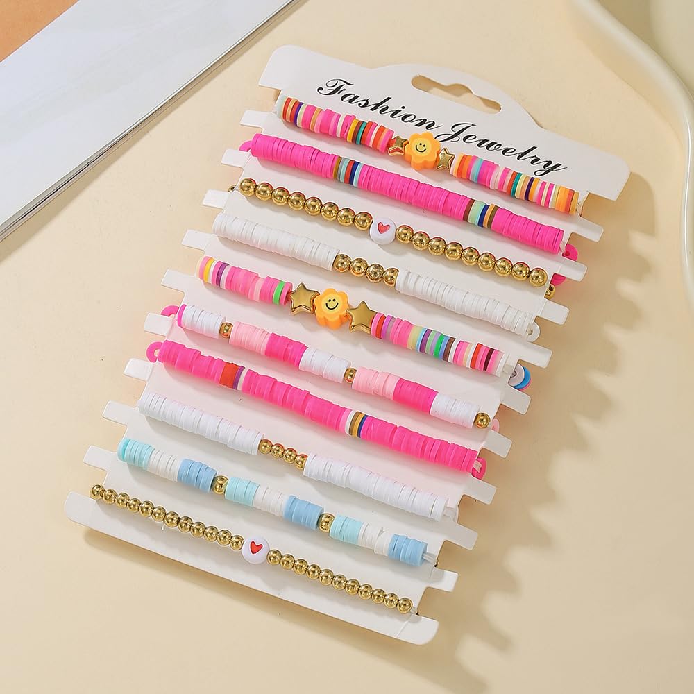 YEOSMINE Boho Heishi Clay Beaded Stretch Bracelets Stack For Women, Preppy Teens Friendship Gold Bracelets Cute Beach Surfer Accessories Bulk Set Trendy Fashion Jewelry