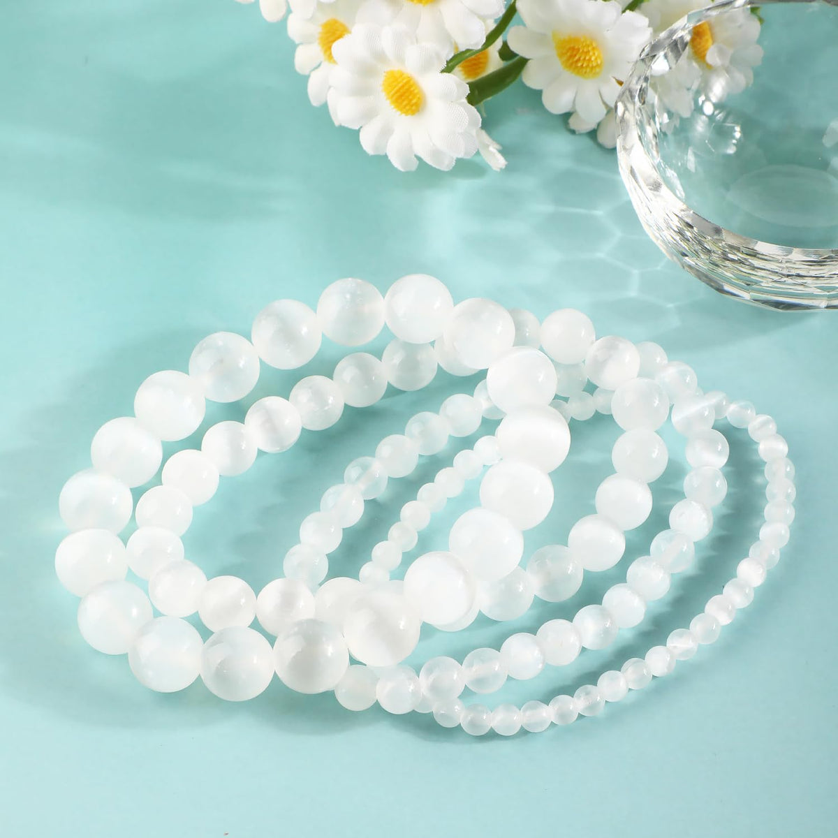 AD Beads 8mm Handmade Selenite crystal Elastic Bracelet – Natural Gemstone for Inspire treatments of body – Meditation, Yoga, Healing and Energy Gift for Men Women