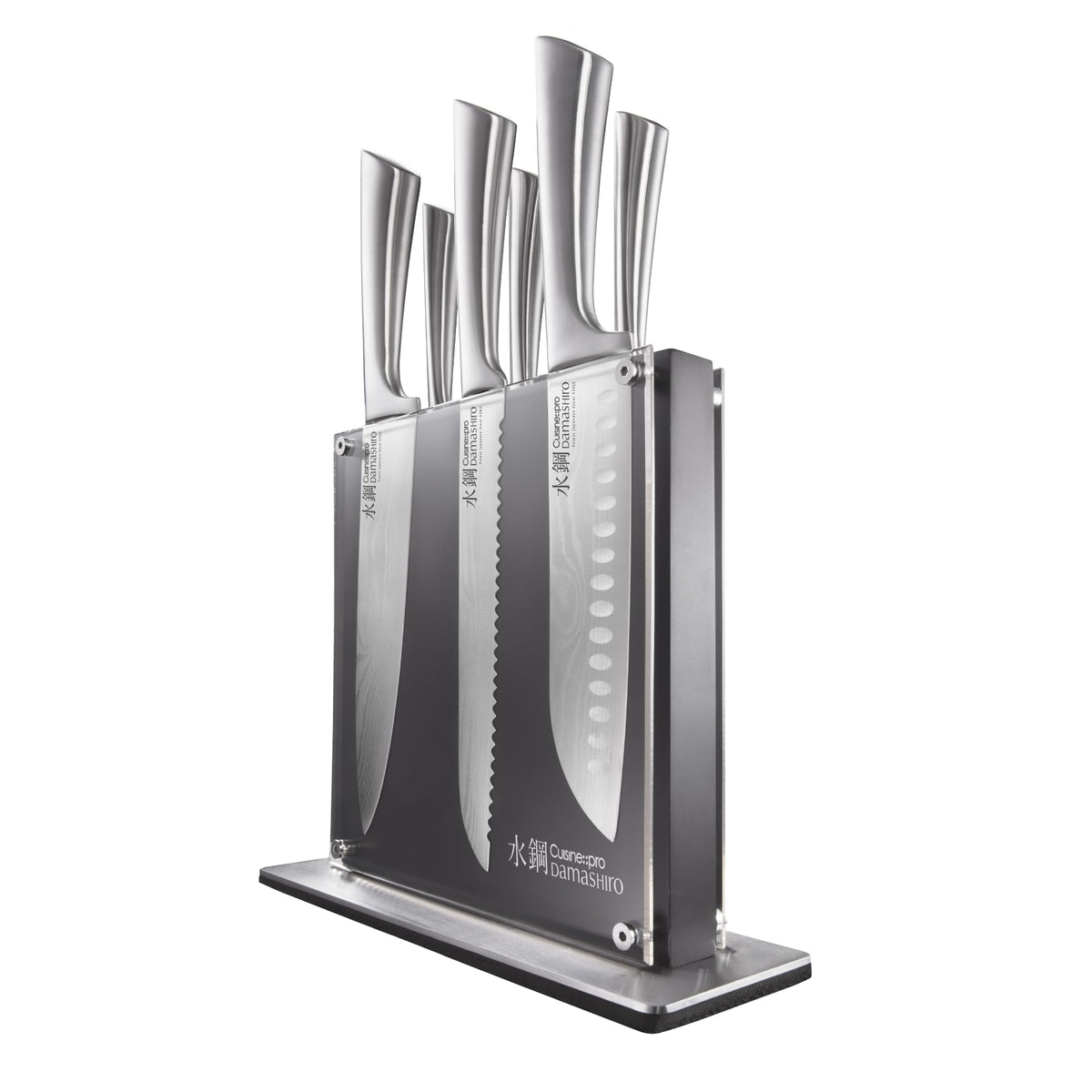 Cuisine::pro Damashiro Knife Block (Kumi, 7-Piece Chef Knife Set) - Japanese Steel Knife - Magnetic Knife Block- Damascus-Inspired Blade Kitchen Knives