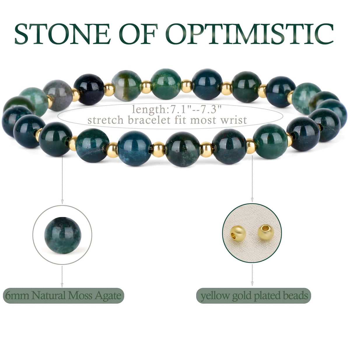 QOGIR Moss Agate - Stone of Optimistic - 14K Gold Plated Beads Natural Gemstone Stretch Elastic Dainty Healing Beaded Bracelets Gifts 6mm